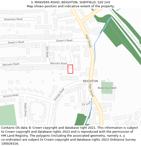 3, MANVERS ROAD, BEIGHTON, SHEFFIELD, S20 1AX: Location map and indicative extent of plot