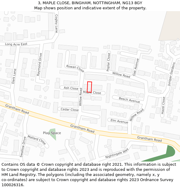 3, MAPLE CLOSE, BINGHAM, NOTTINGHAM, NG13 8GY: Location map and indicative extent of plot