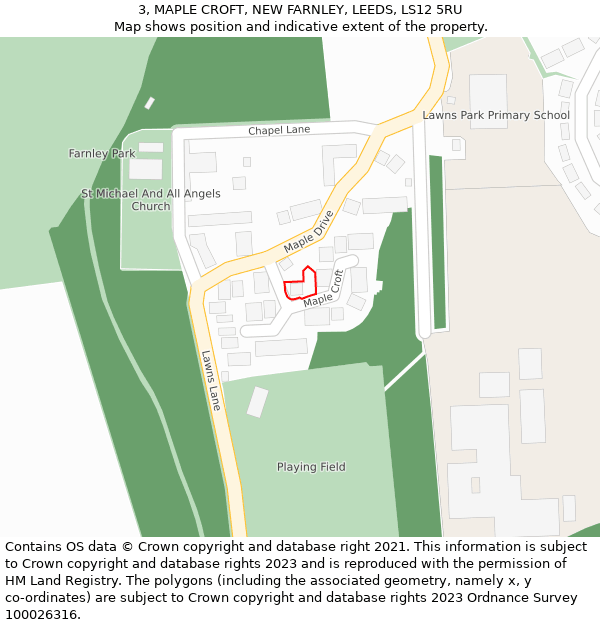 3, MAPLE CROFT, NEW FARNLEY, LEEDS, LS12 5RU: Location map and indicative extent of plot