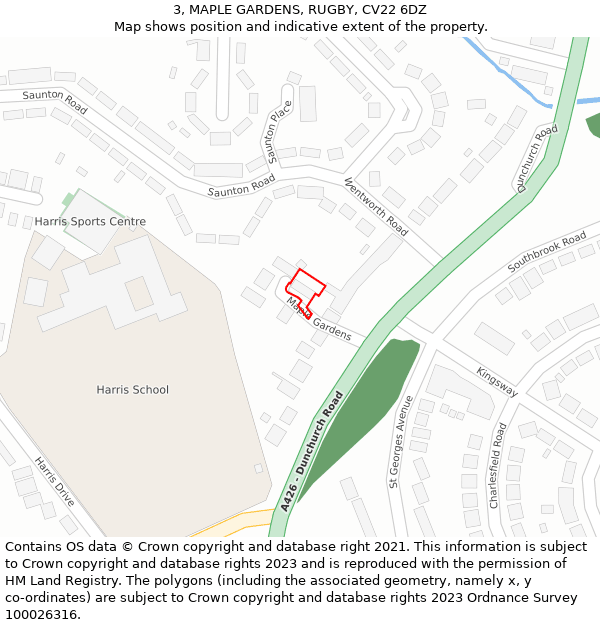 3, MAPLE GARDENS, RUGBY, CV22 6DZ: Location map and indicative extent of plot