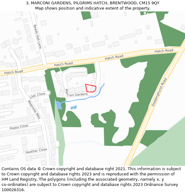 3, MARCONI GARDENS, PILGRIMS HATCH, BRENTWOOD, CM15 9QY: Location map and indicative extent of plot