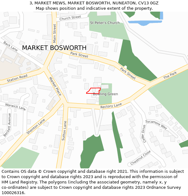 3, MARKET MEWS, MARKET BOSWORTH, NUNEATON, CV13 0GZ: Location map and indicative extent of plot