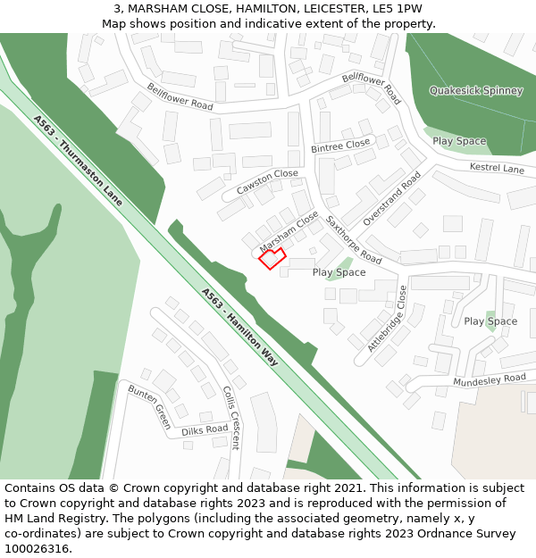 3, MARSHAM CLOSE, HAMILTON, LEICESTER, LE5 1PW: Location map and indicative extent of plot