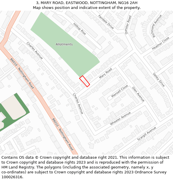 3, MARY ROAD, EASTWOOD, NOTTINGHAM, NG16 2AH: Location map and indicative extent of plot