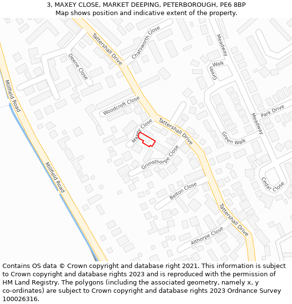 3, MAXEY CLOSE, MARKET DEEPING, PETERBOROUGH, PE6 8BP: Location map and indicative extent of plot