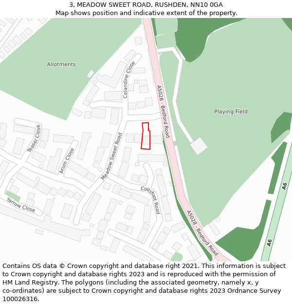 3, MEADOW SWEET ROAD, RUSHDEN, NN10 0GA: Location map and indicative extent of plot