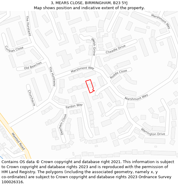 3, MEARS CLOSE, BIRMINGHAM, B23 5YJ: Location map and indicative extent of plot