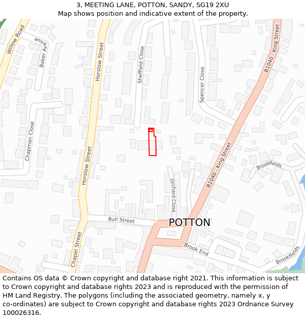 3, MEETING LANE, POTTON, SANDY, SG19 2XU: Location map and indicative extent of plot