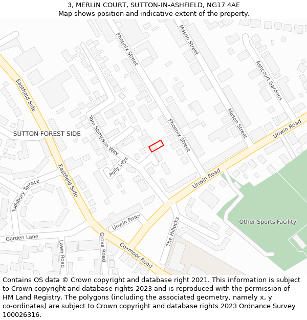 3, MERLIN COURT, SUTTON-IN-ASHFIELD, NG17 4AE: Location map and indicative extent of plot