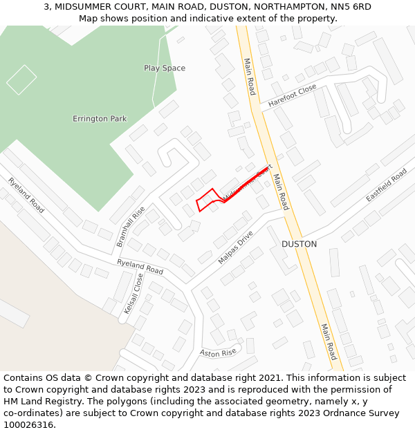 3, MIDSUMMER COURT, MAIN ROAD, DUSTON, NORTHAMPTON, NN5 6RD: Location map and indicative extent of plot
