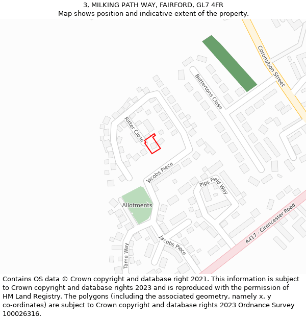 3, MILKING PATH WAY, FAIRFORD, GL7 4FR: Location map and indicative extent of plot