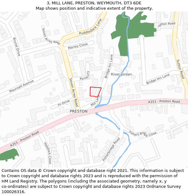 3, MILL LANE, PRESTON, WEYMOUTH, DT3 6DE: Location map and indicative extent of plot