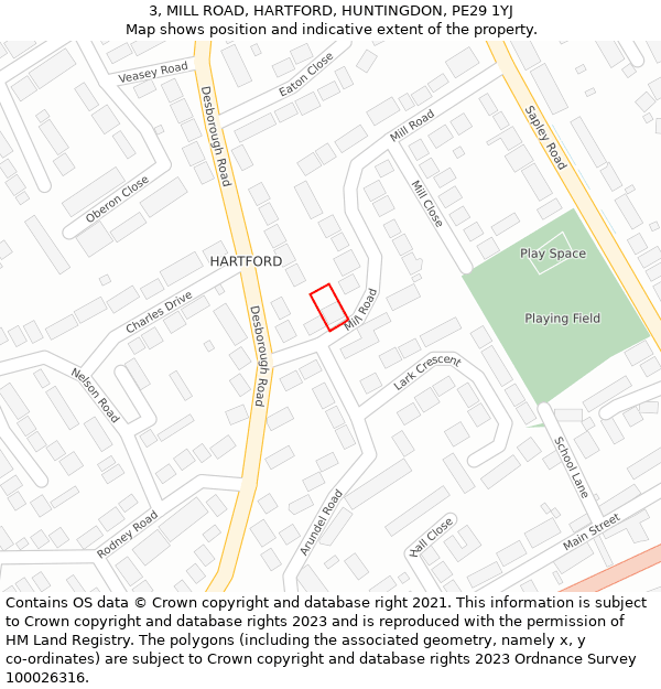 3, MILL ROAD, HARTFORD, HUNTINGDON, PE29 1YJ: Location map and indicative extent of plot