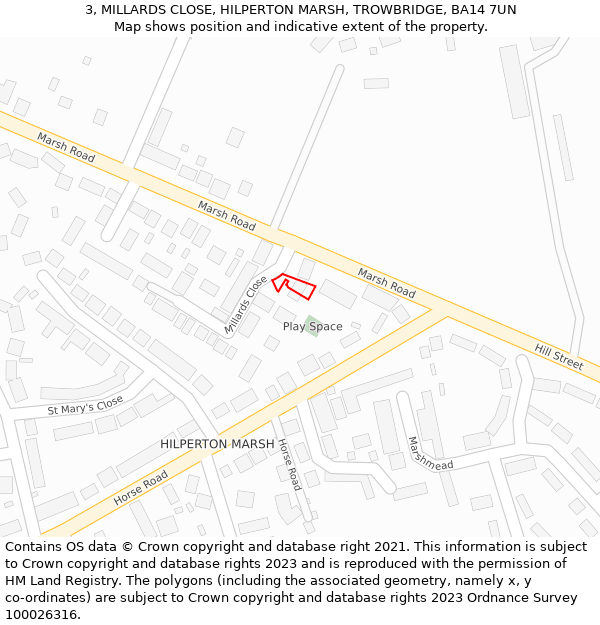 3, MILLARDS CLOSE, HILPERTON MARSH, TROWBRIDGE, BA14 7UN: Location map and indicative extent of plot