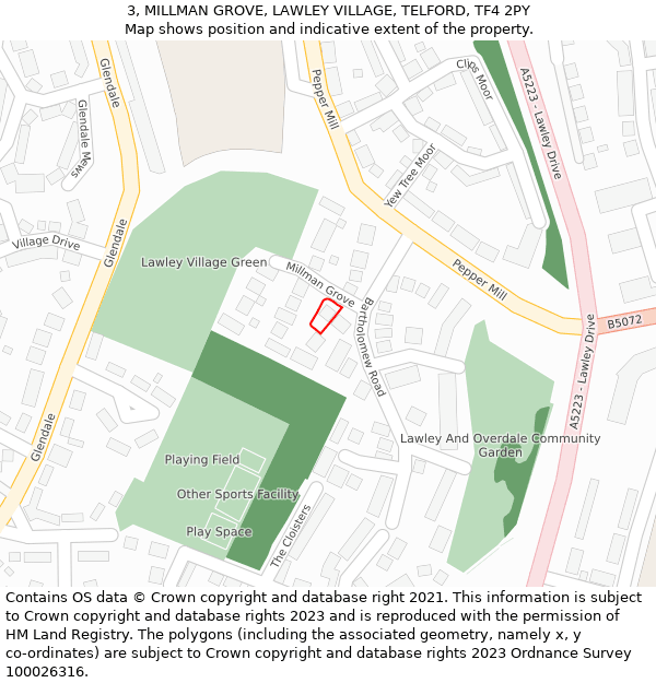 3, MILLMAN GROVE, LAWLEY VILLAGE, TELFORD, TF4 2PY: Location map and indicative extent of plot