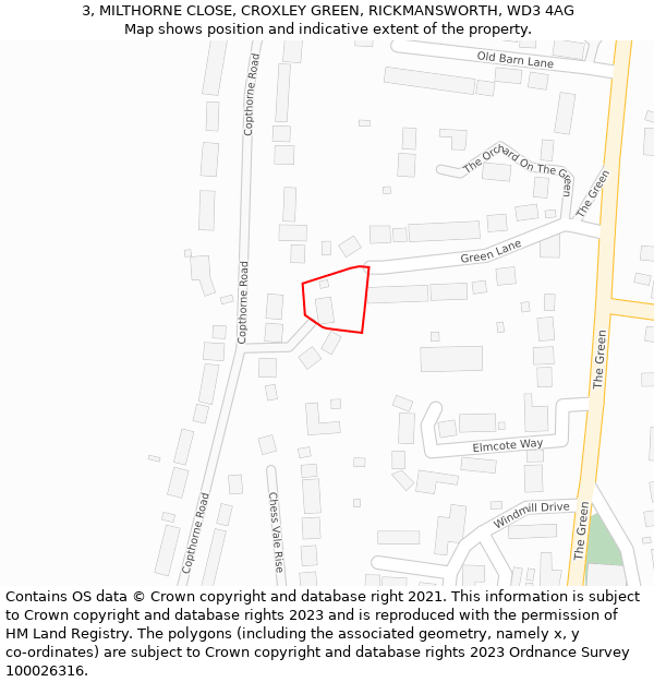 3, MILTHORNE CLOSE, CROXLEY GREEN, RICKMANSWORTH, WD3 4AG: Location map and indicative extent of plot