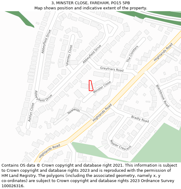 3, MINSTER CLOSE, FAREHAM, PO15 5PB: Location map and indicative extent of plot