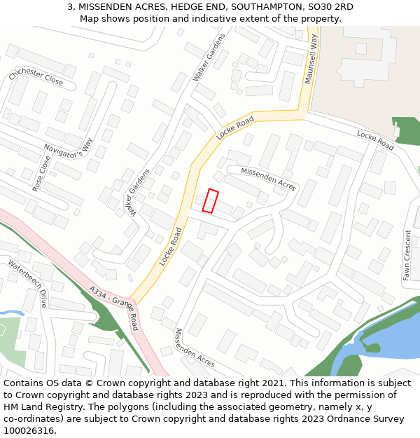 3, MISSENDEN ACRES, HEDGE END, SOUTHAMPTON, SO30 2RD: Location map and indicative extent of plot