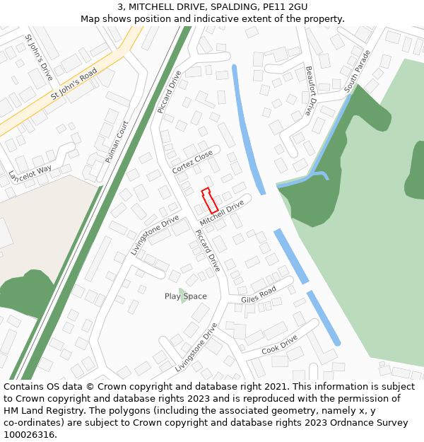 3, MITCHELL DRIVE, SPALDING, PE11 2GU: Location map and indicative extent of plot