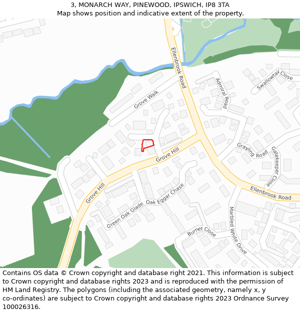 3, MONARCH WAY, PINEWOOD, IPSWICH, IP8 3TA: Location map and indicative extent of plot