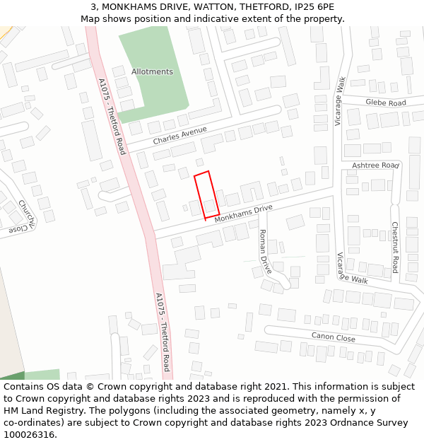 3, MONKHAMS DRIVE, WATTON, THETFORD, IP25 6PE: Location map and indicative extent of plot