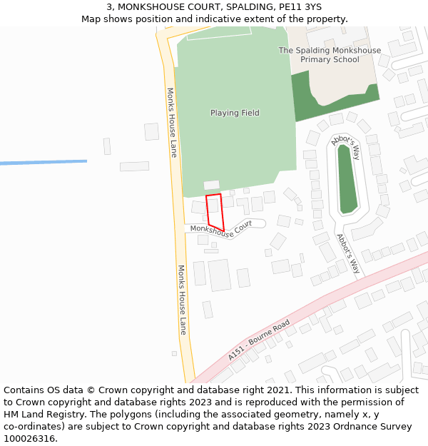 3, MONKSHOUSE COURT, SPALDING, PE11 3YS: Location map and indicative extent of plot