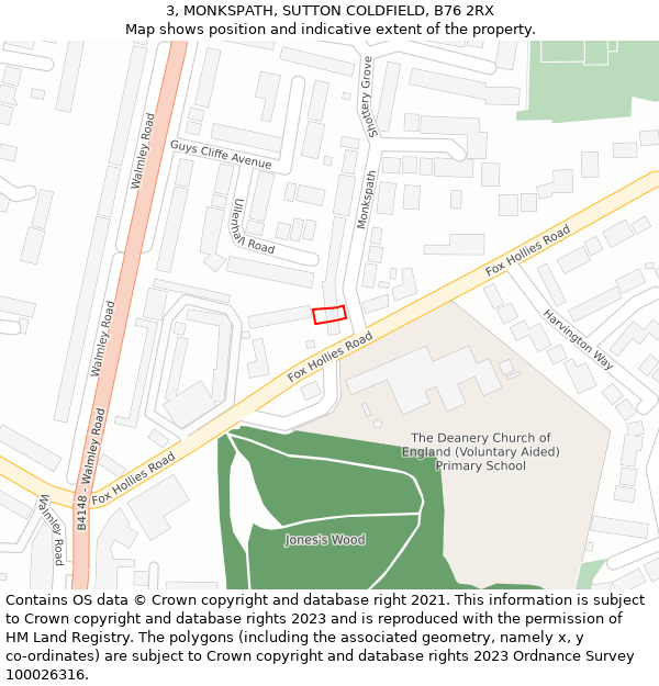 3, MONKSPATH, SUTTON COLDFIELD, B76 2RX: Location map and indicative extent of plot