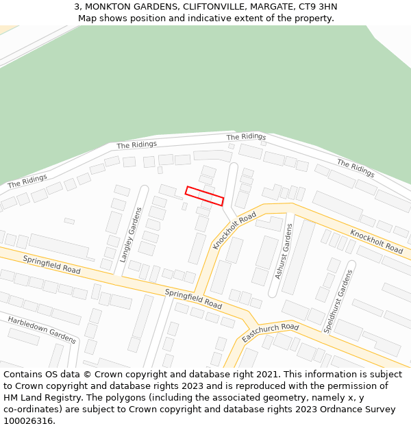 3, MONKTON GARDENS, CLIFTONVILLE, MARGATE, CT9 3HN: Location map and indicative extent of plot