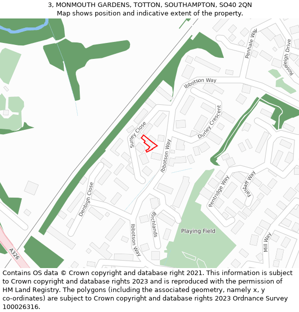 3, MONMOUTH GARDENS, TOTTON, SOUTHAMPTON, SO40 2QN: Location map and indicative extent of plot