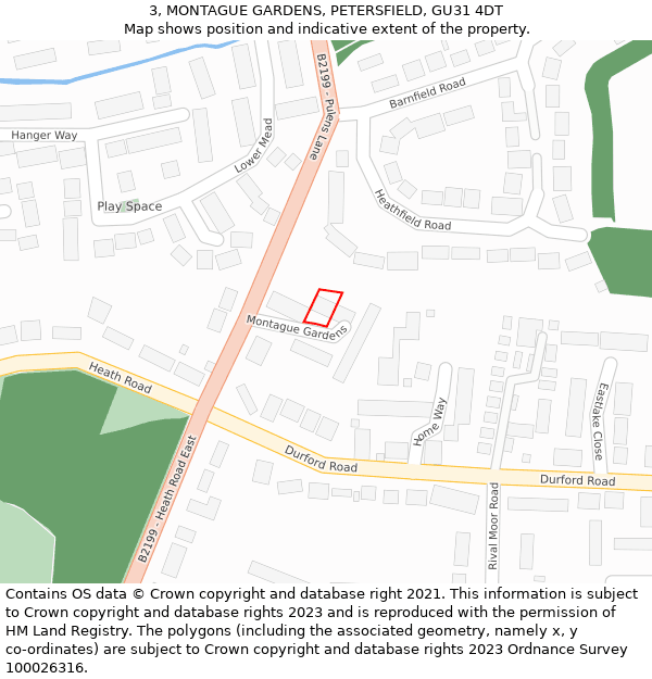 3, MONTAGUE GARDENS, PETERSFIELD, GU31 4DT: Location map and indicative extent of plot