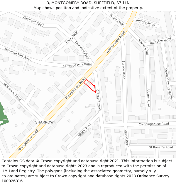 3, MONTGOMERY ROAD, SHEFFIELD, S7 1LN: Location map and indicative extent of plot