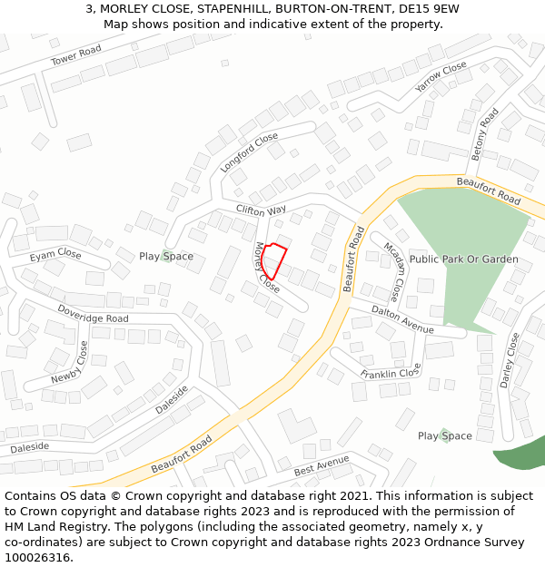 3, MORLEY CLOSE, STAPENHILL, BURTON-ON-TRENT, DE15 9EW: Location map and indicative extent of plot