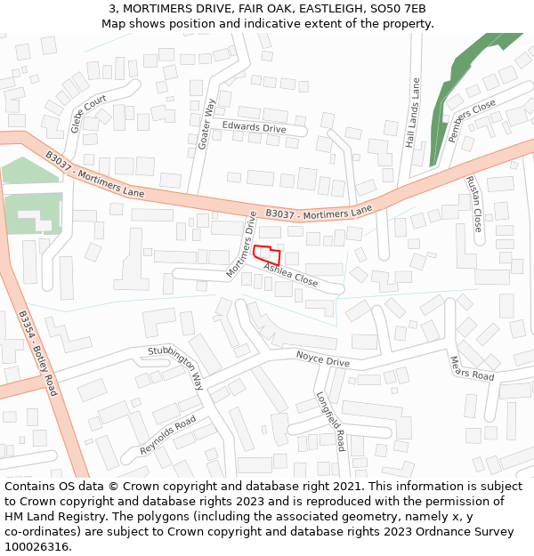 3, MORTIMERS DRIVE, FAIR OAK, EASTLEIGH, SO50 7EB: Location map and indicative extent of plot