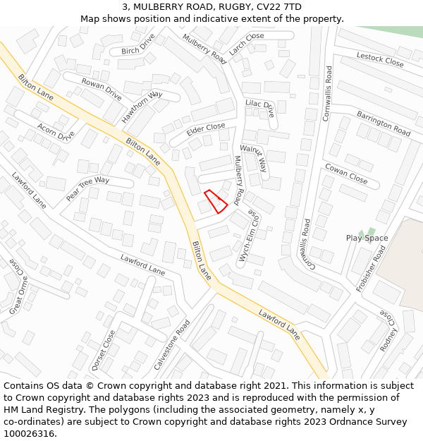 3, MULBERRY ROAD, RUGBY, CV22 7TD: Location map and indicative extent of plot