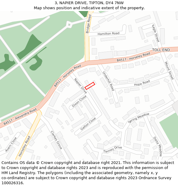 3, NAPIER DRIVE, TIPTON, DY4 7NW: Location map and indicative extent of plot