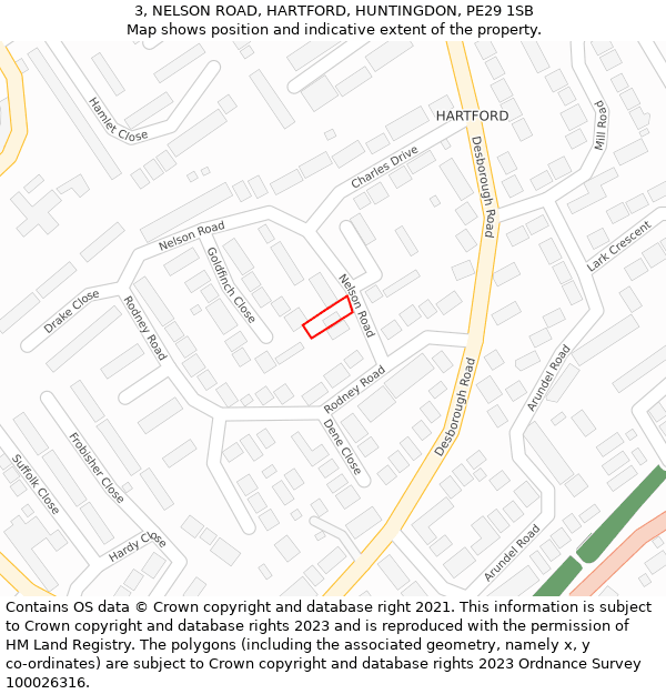 3, NELSON ROAD, HARTFORD, HUNTINGDON, PE29 1SB: Location map and indicative extent of plot