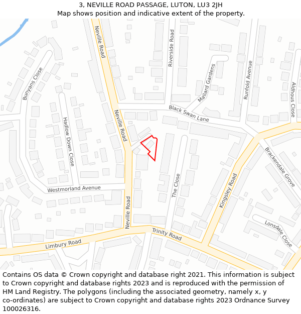 3, NEVILLE ROAD PASSAGE, LUTON, LU3 2JH: Location map and indicative extent of plot