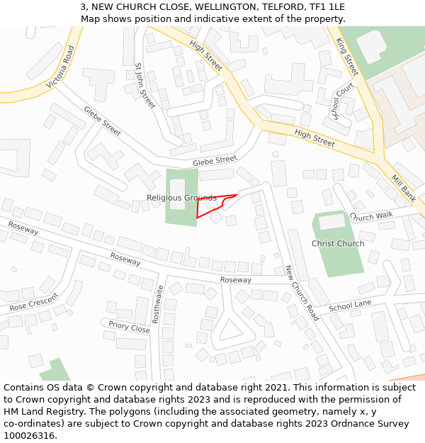 3, NEW CHURCH CLOSE, WELLINGTON, TELFORD, TF1 1LE: Location map and indicative extent of plot