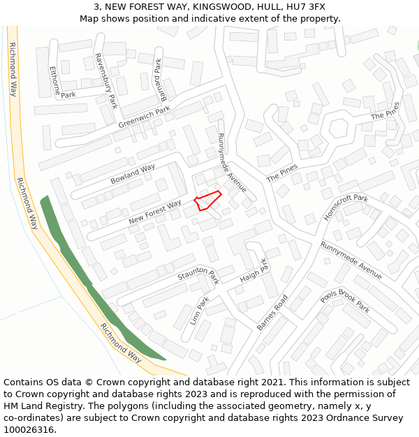 3, NEW FOREST WAY, KINGSWOOD, HULL, HU7 3FX: Location map and indicative extent of plot