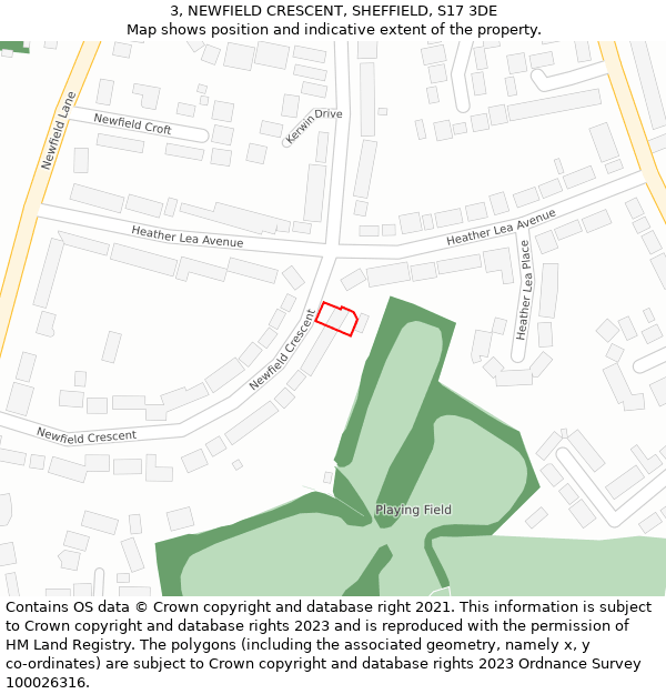 3, NEWFIELD CRESCENT, SHEFFIELD, S17 3DE: Location map and indicative extent of plot