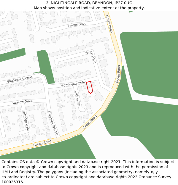 3, NIGHTINGALE ROAD, BRANDON, IP27 0UG: Location map and indicative extent of plot