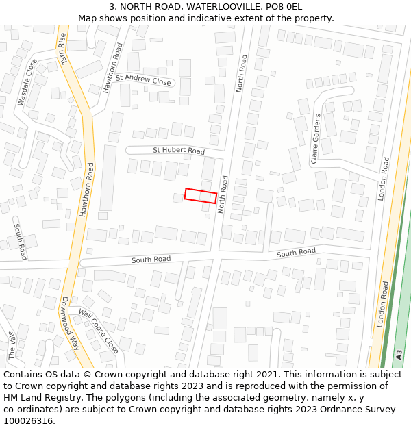 3, NORTH ROAD, WATERLOOVILLE, PO8 0EL: Location map and indicative extent of plot