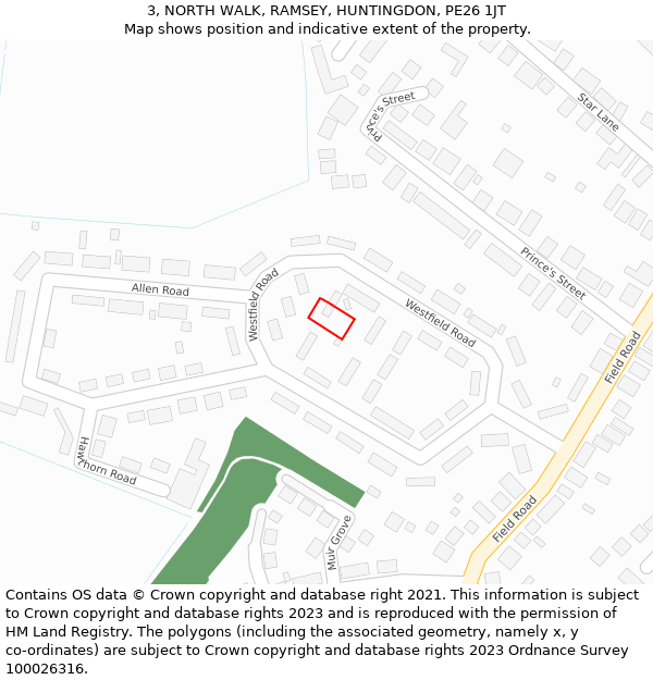 3, NORTH WALK, RAMSEY, HUNTINGDON, PE26 1JT: Location map and indicative extent of plot