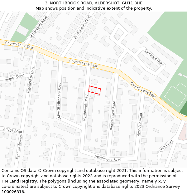 3, NORTHBROOK ROAD, ALDERSHOT, GU11 3HE: Location map and indicative extent of plot