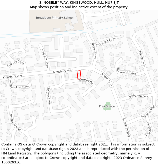 3, NOSELEY WAY, KINGSWOOD, HULL, HU7 3JT: Location map and indicative extent of plot