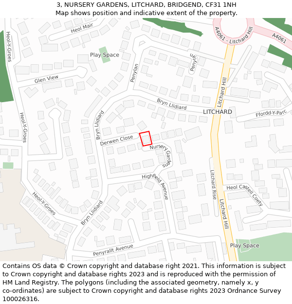 3, NURSERY GARDENS, LITCHARD, BRIDGEND, CF31 1NH: Location map and indicative extent of plot