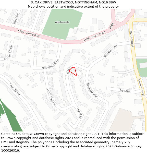 3, OAK DRIVE, EASTWOOD, NOTTINGHAM, NG16 3BW: Location map and indicative extent of plot