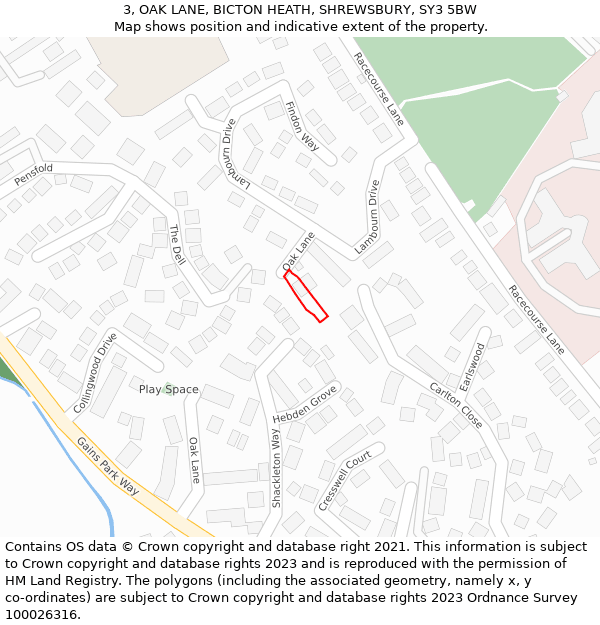 3, OAK LANE, BICTON HEATH, SHREWSBURY, SY3 5BW: Location map and indicative extent of plot