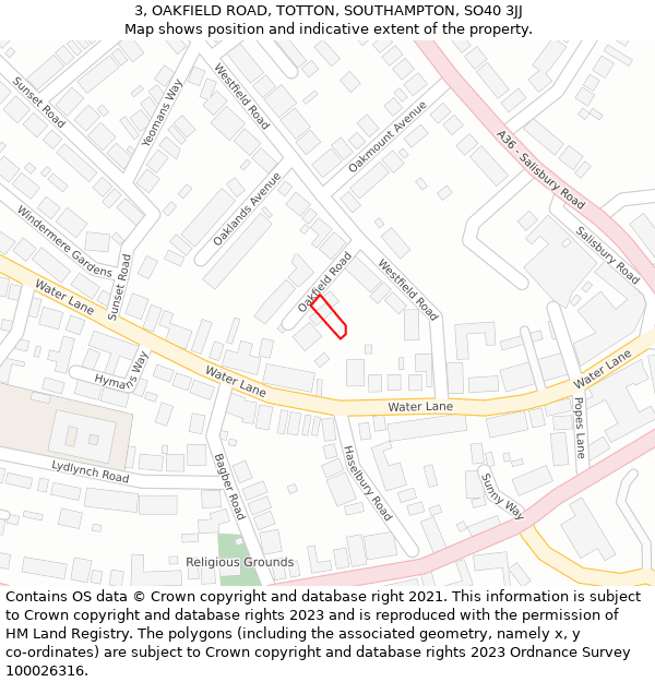 3, OAKFIELD ROAD, TOTTON, SOUTHAMPTON, SO40 3JJ: Location map and indicative extent of plot