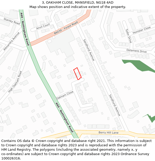 3, OAKHAM CLOSE, MANSFIELD, NG18 4AD: Location map and indicative extent of plot